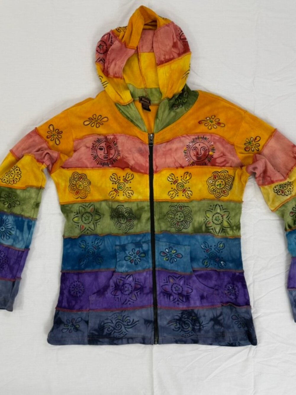 Rising International Rainbow Patchwork Hoodie Women’s XL Boho Hippie Tie Dye - Picture 4 of 10